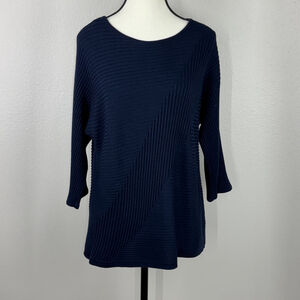 Chico's Womens 1 US Medium Blue Ribbed Texture 3/4 Sleeve Pullover Tunic Sweater